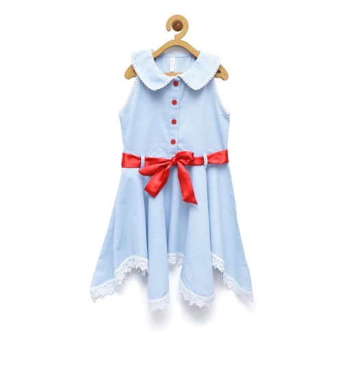 Generic Girl's Denim Lace Solid Sleeveless Shirt collar Dress (Light Blue)