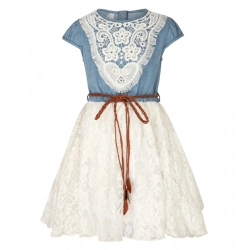 Generic Girl's Denim Embroidery Short Sleeve Round Neck Dress (White)