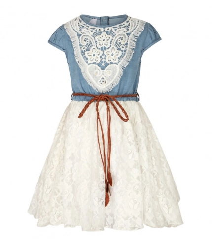 Generic Girl's Denim Embroidery Short Sleeve Round Neck Dress (White)