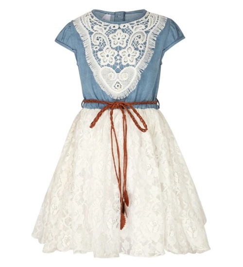 Generic Girl's Denim Embroidery Short Sleeve Round Neck Dress (White)