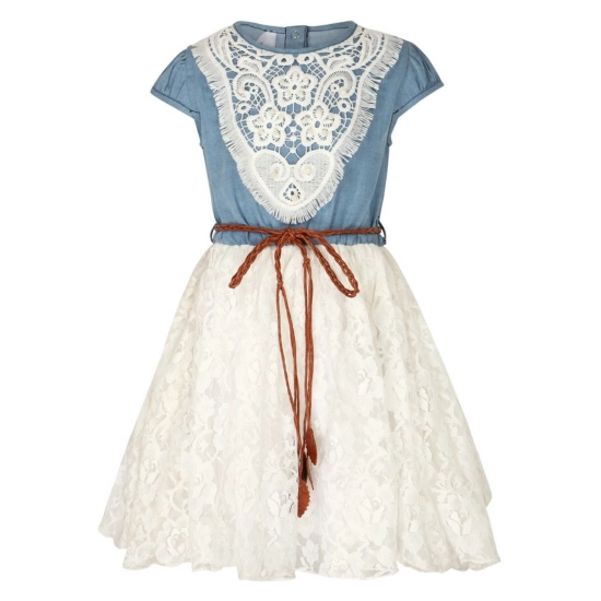 Generic Girl's Denim Embroidery Short Sleeve Round Neck Dress (White) Generic Girl's Denim Embroidery Short Sleeve Round Neck Dress (White)
