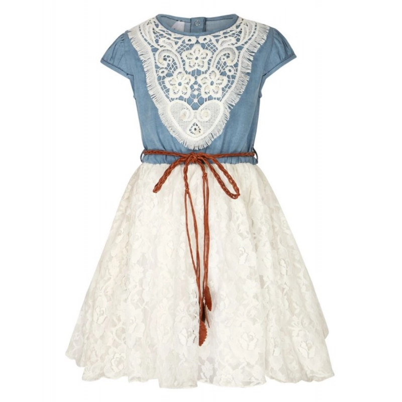 Girl's Denim Embroidery Short Sleeve Round Neck Dress (White)
