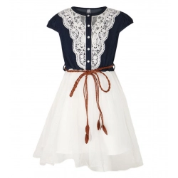 Generic Girl's Denim Embroidery Short Sleeve Round Neck Dress (White)