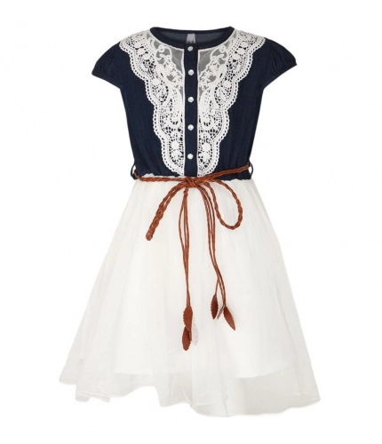 Generic Girl's Denim Embroidery Short Sleeve Round Neck Dress (White)