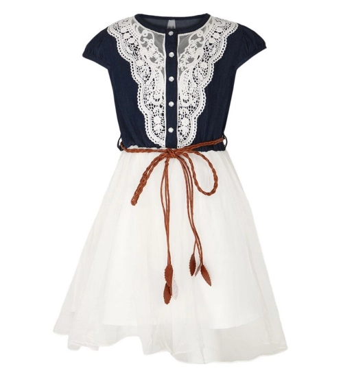 Generic Girl's Denim Embroidery Short Sleeve Round Neck Dress (White)