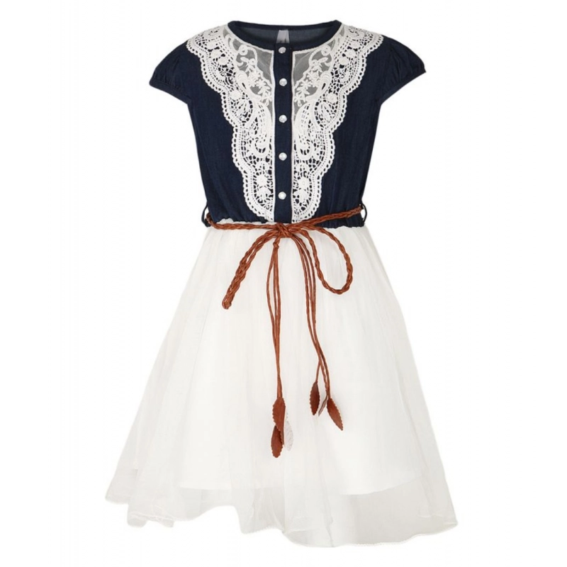 Girl's Denim Embroidery Short Sleeve Round Neck Dress (White)