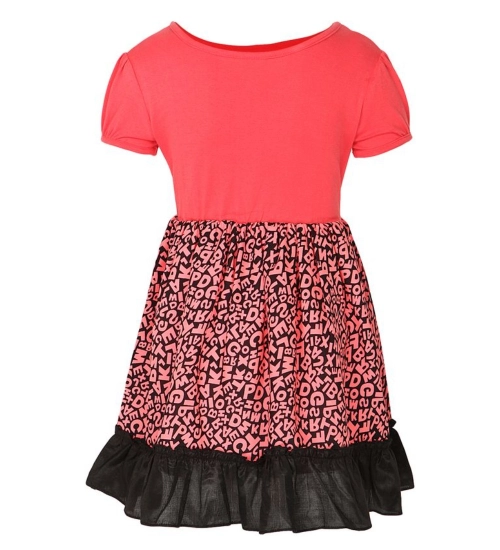 Generic Girl's Polyester Crepe Embellished Short Sleeve Round Neck Dress (Pink)