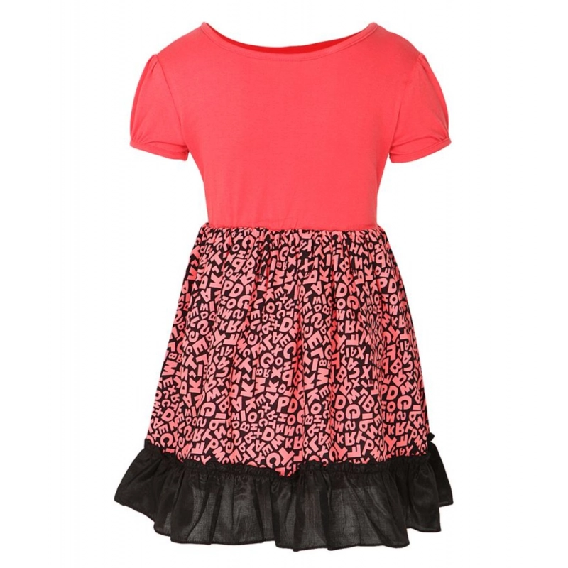 Girl's Polyester Crepe Embellished Short Sleeve Round Neck Dress (Pink)