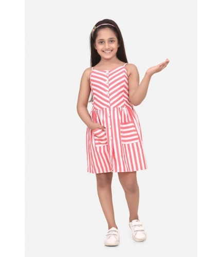 Generic Girl's Polyester Cotton Blend Striped Sleeveless Round Neck Dress (Pink)