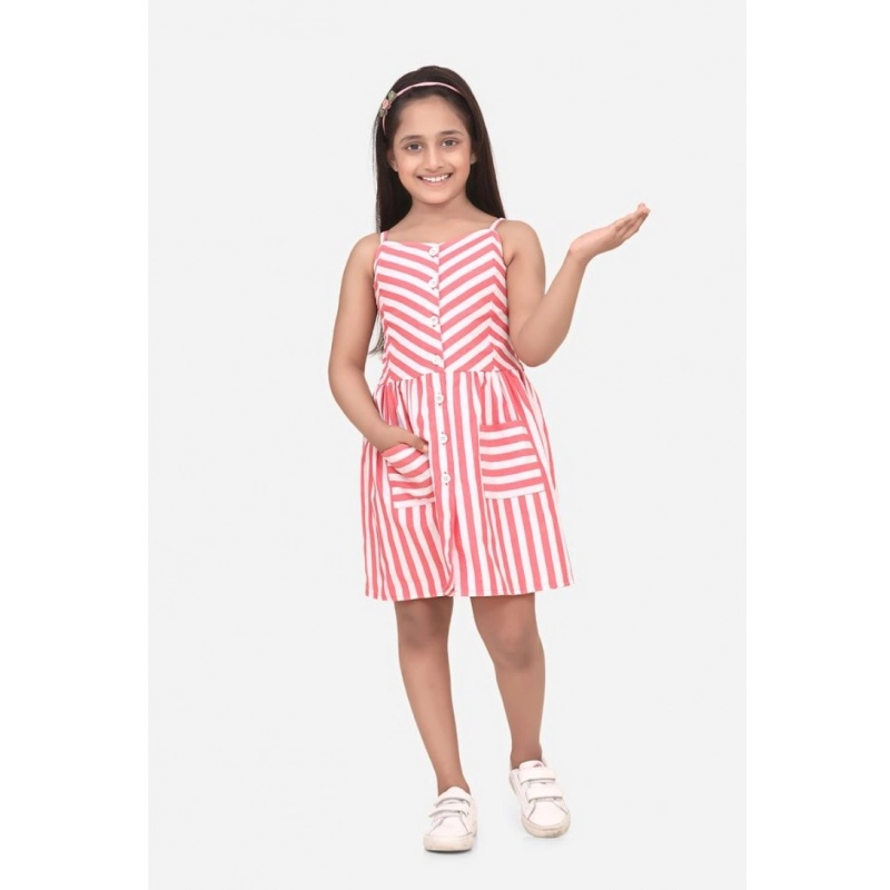 Girl's Polyester Cotton Blend Striped Sleeveless Round Neck Dress (Pink)