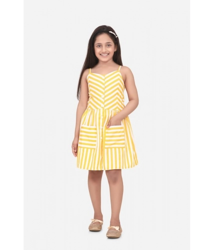 Generic Girl's Polyester Cotton Blend Striped Sleeveless Round Neck Dress (Yellow)