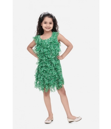 Generic Girl's Chiffon Ruffled Sleeveless Round Neck Dress (Green)