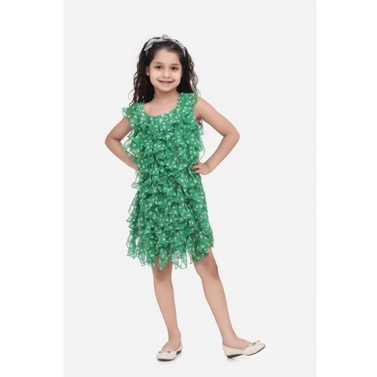 Generic Girl's Chiffon Ruffled Sleeveless Round Neck Dress (Green)