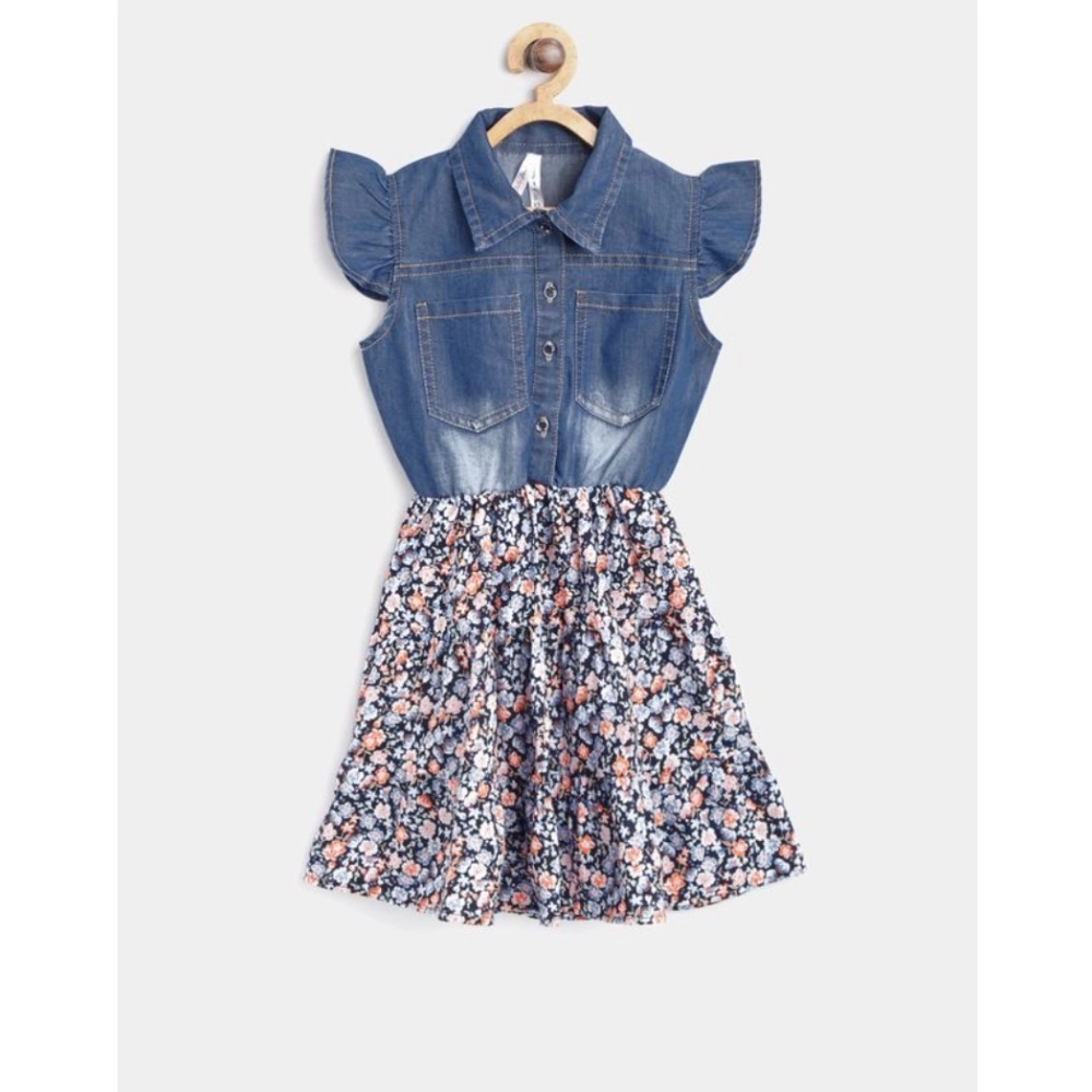 Generic Girl's Denim-Cotton Striped Flutter Shirt Collar Dress (Multicolor) Generic Girl's Denim-Cotton Striped Flutter Shirt Collar Dress (Multicolor)