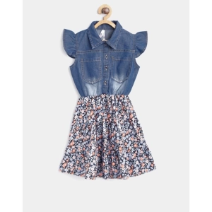 Generic Girl's Denim-Cotton Striped Flutter Shirt Collar Dress (Multicolor)