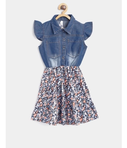 Generic Girl's Denim-Cotton Striped Flutter Shirt Collar Dress (Multicolor)