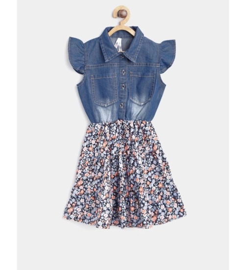 Generic Girl's Denim-Cotton Striped Flutter Shirt Collar Dress (Multicolor)
