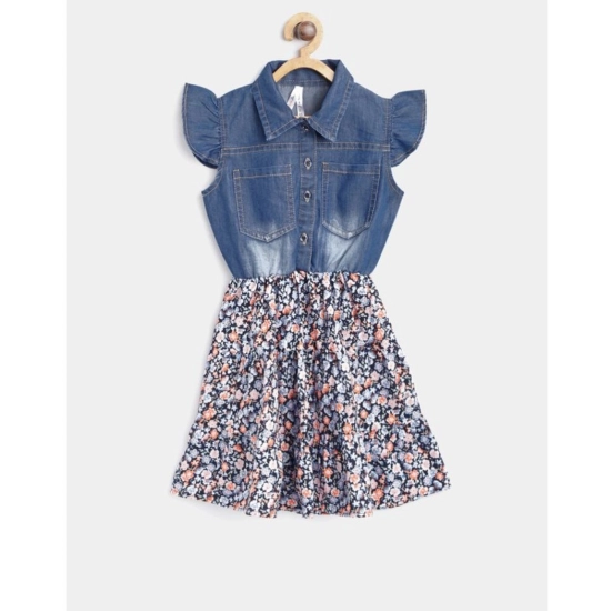 Generic Girl's Denim-Cotton Striped Flutter Shirt Collar Dress (Multicolor)