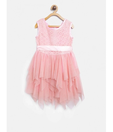 Generic Girl's Polyester  Net Embroidered Sleeveless Round Neck Dress (Peach)