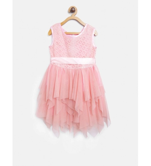 Generic Girl's Polyester  Net Embroidered Sleeveless Round Neck Dress (Peach)