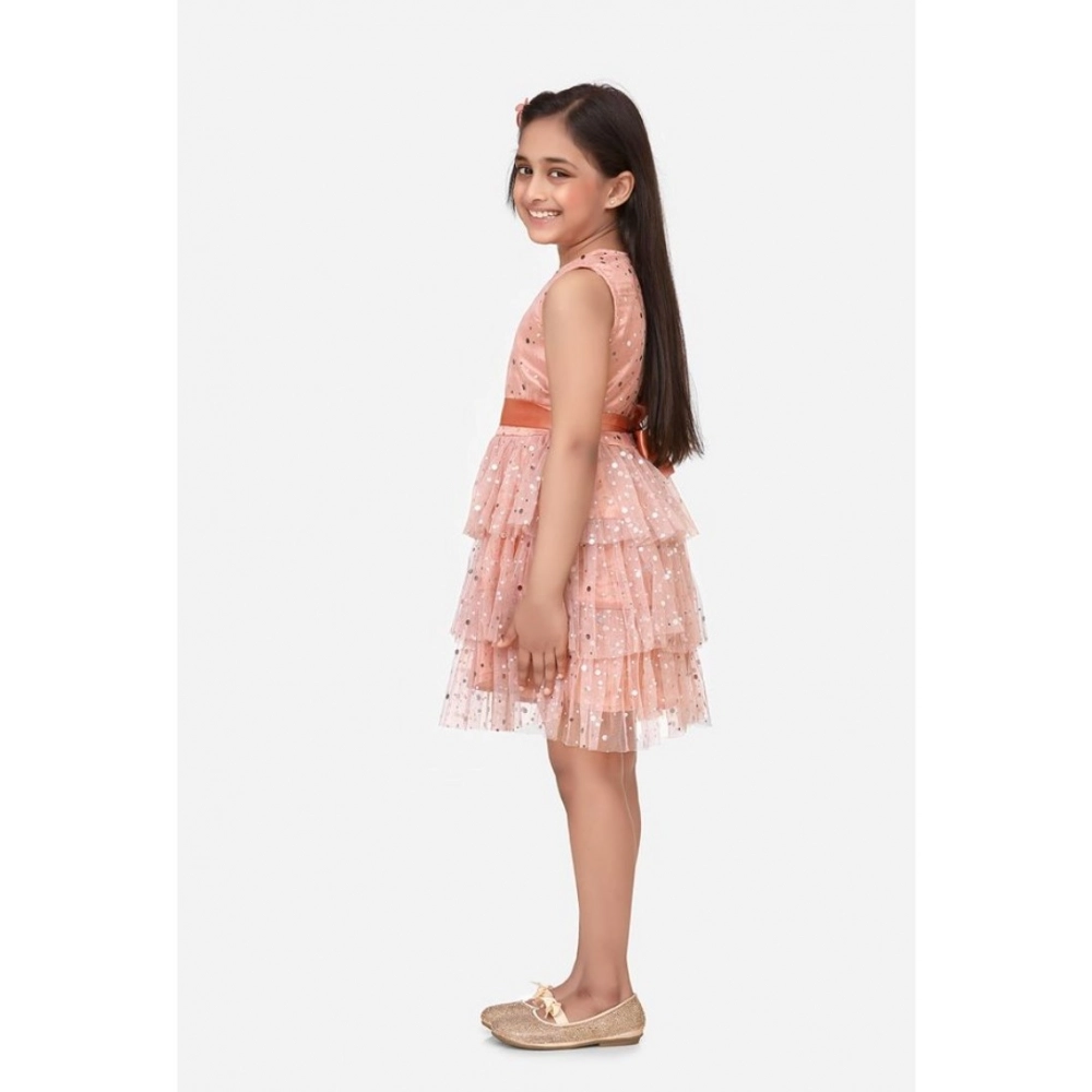 Generic Girl's Net Embellished Sleeveless Round Neck Dress (Beige) Generic Girl's Net Embellished Sleeveless Round Neck Dress (Beige)
