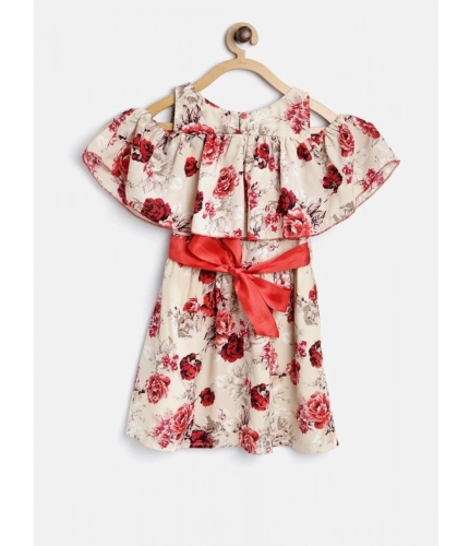 Generic Girl's Polyester Crepe Printed Short Sleeve Cold Shoulder Neck Dress (Cream-Red)