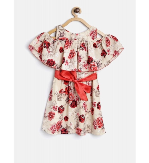 Generic Girl's Polyester Crepe Printed Short Sleeve Cold Shoulder Neck Dress (Cream-Red)