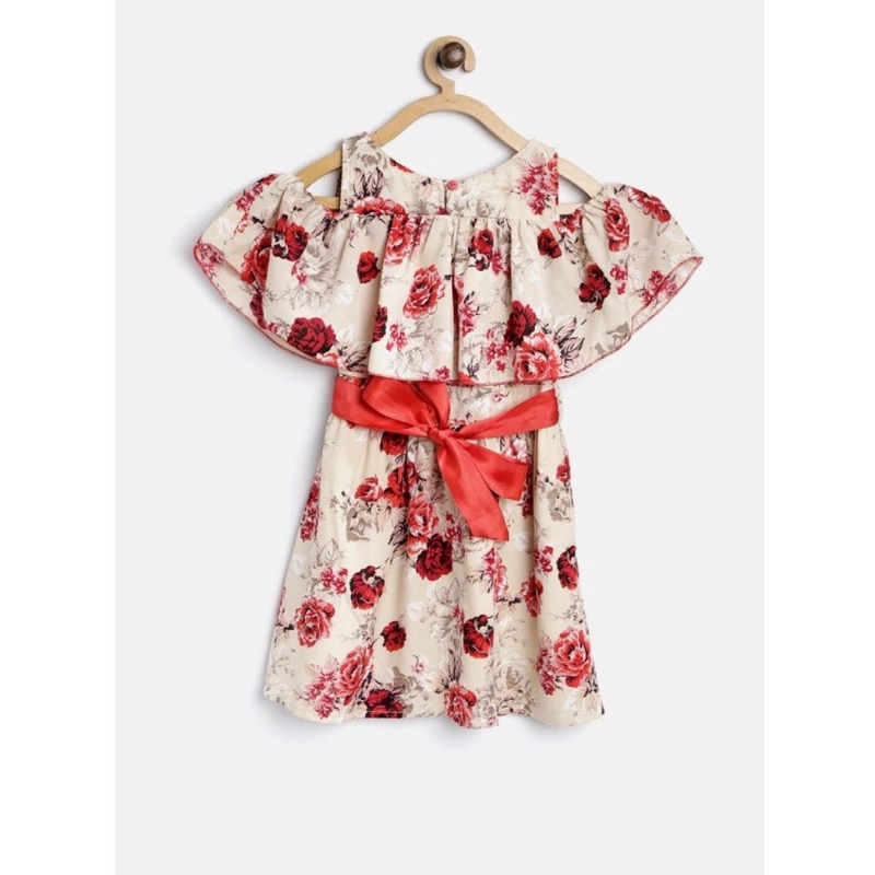 Girl's Polyester Crepe Printed Short Sleeve Cold Shoulder Neck Dress (Cream-Red)