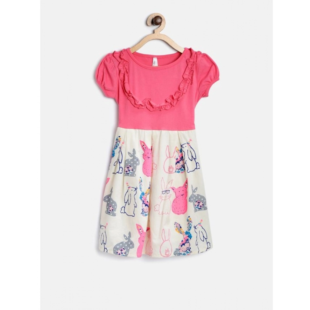 Generic Girl's Cotton Printed Short Sleeve Round Neck Dress (Pink-White) Generic Girl's Cotton Printed Short Sleeve Round Neck Dress (Pink-White)