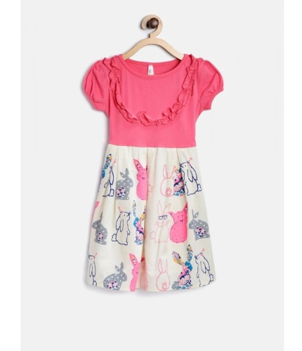 Generic Girl's Cotton Printed Short Sleeve Round Neck Dress (Pink-White)