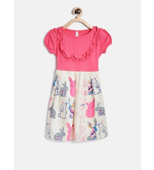 Generic Girl's Cotton Printed Short Sleeve Round Neck Dress (Pink-White)
