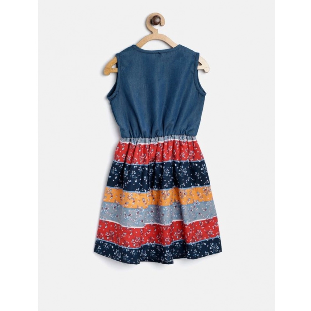 Generic Girl's Denim-Cotton Floral Printed Sleeveless Round Neck Dress (Multicolor) Generic Girl's Denim-Cotton Floral Printed Sleeveless Round Neck Dress (Multicolor)