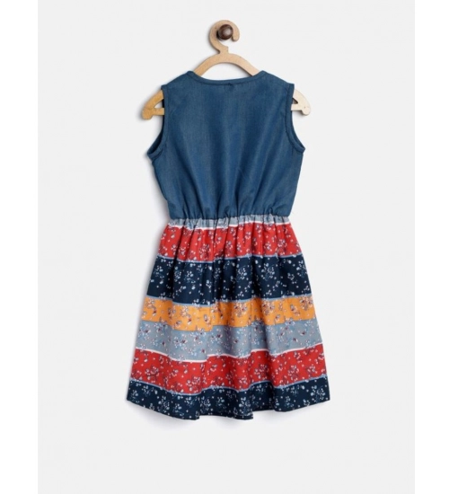 Generic Girl's Denim-Cotton Floral Printed Sleeveless Round Neck Dress (Multicolor)