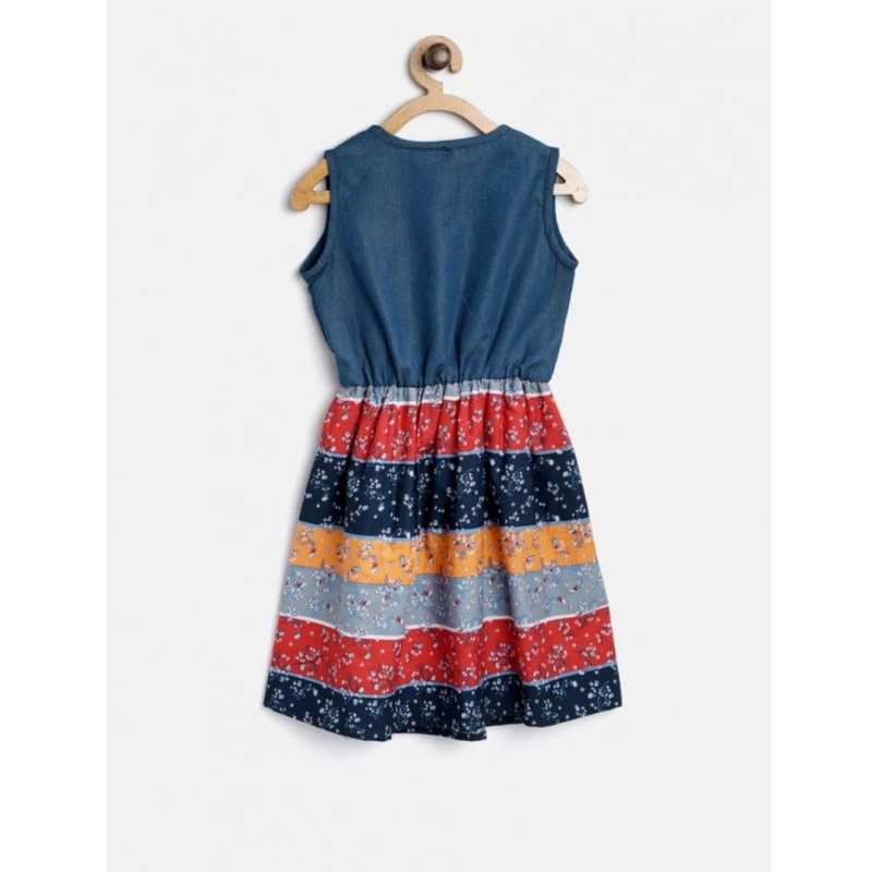 Girl's Denim-Cotton Floral Printed Sleeveless Round Neck Dress (Multicolor)