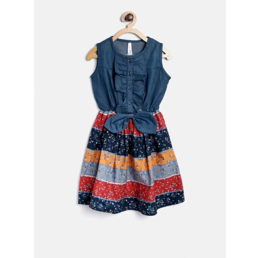 Generic Girl's Denim-Cotton Floral Printed Sleeveless Round Neck Dress (Multicolor) Generic Girl's Denim-Cotton Floral Printed Sleeveless Round Neck Dress (Multicolor)