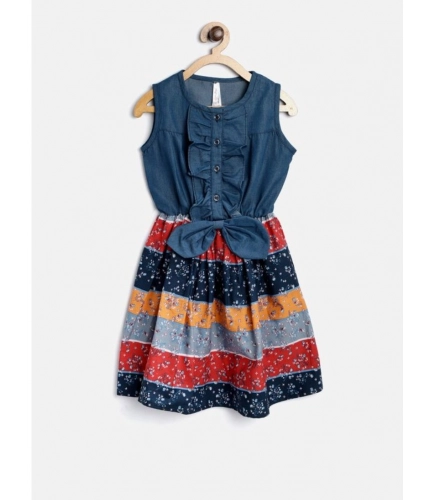 Generic Girl's Denim-Cotton Floral Printed Sleeveless Round Neck Dress (Multicolor)