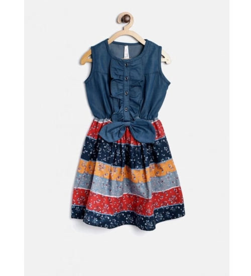 Generic Girl's Denim-Cotton Floral Printed Sleeveless Round Neck Dress (Multicolor)