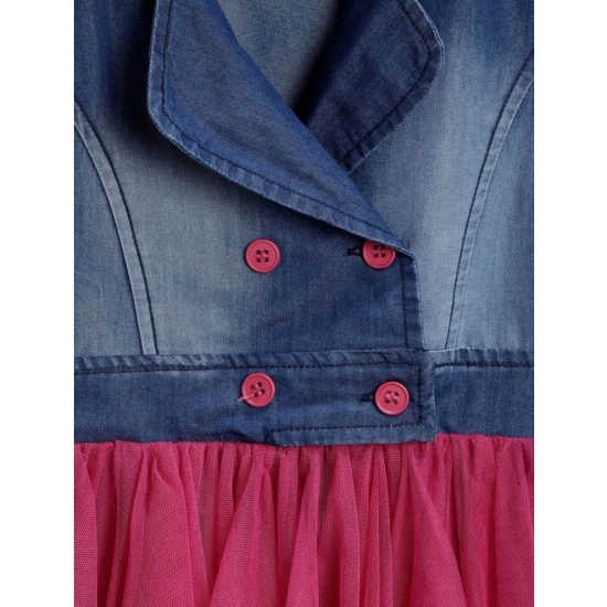 Generic Girl's Polyester Crepe-Net Solid Shoulder Straps Shirt collar Dress (Blue-Pink)