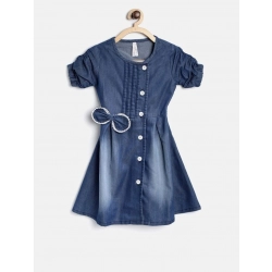 Generic Girl's Denim Striped Sleeveless Round Neck Dress (Blue)