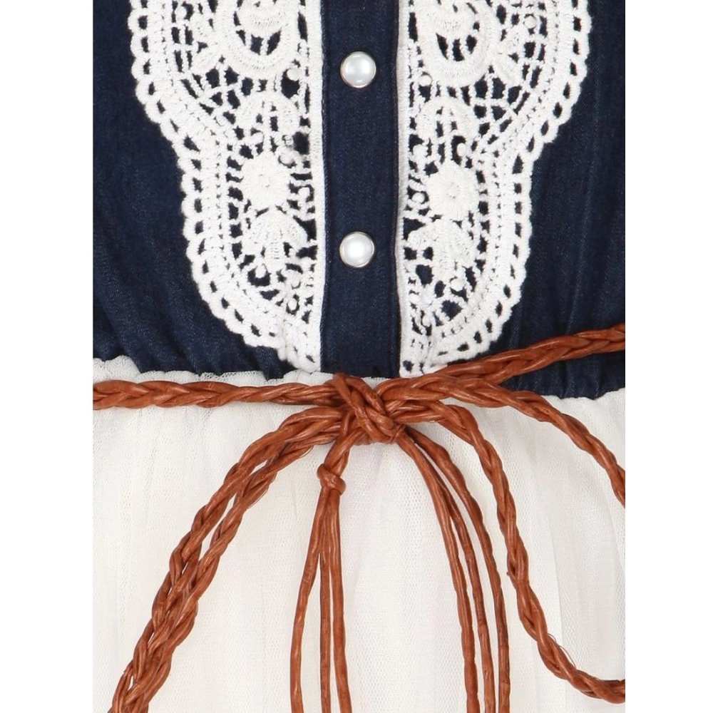 Generic Girl's Denim Embroidery Short Sleeve Round Neck Dress (White) Generic Girl's Denim Embroidery Short Sleeve Round Neck Dress (White)