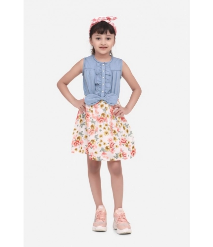 Generic Girl's Denim-Cotton Floral Printed Sleeveless Round Neck Dress (Multicolor)