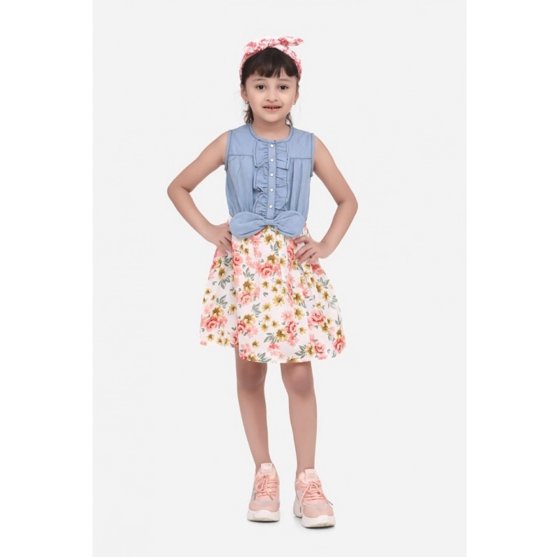 Girl's Denim-Cotton Floral Printed Sleeveless Round Neck Dress (Multicolor)