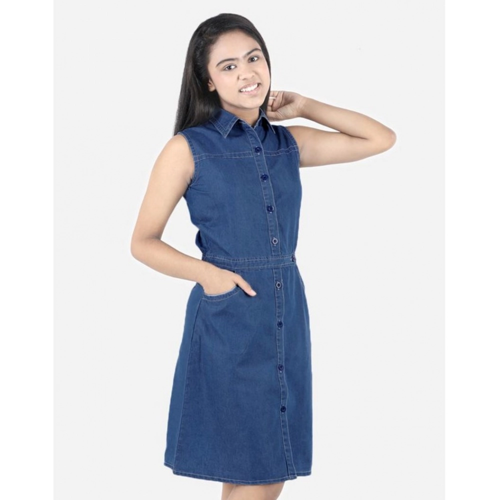 Generic Girl's Denim Solid Sleeveless Shirt collar Dress (Blue) Generic Girl's Denim Solid Sleeveless Shirt collar Dress (Blue)