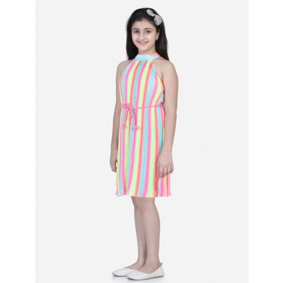 Generic Girl's Polyester Crepe Striped Sleeveless Round Neck Dress (Multicolor)