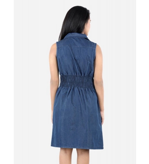 Generic Girl's Denim Solid Sleeveless Shirt collar Dress (Blue)