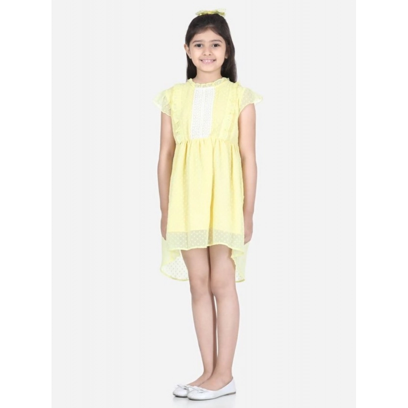 Girl's Polyester Solid Short Sleeve Round Neck Dress (Lemon Yellow)
