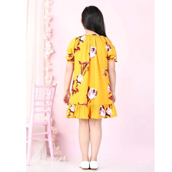 Generic Girl's Polyester Crepe Floral Printed Slit Sleeve Round Neck Dress (Yellow-Red)
