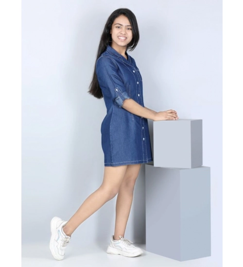 Generic Girl's Denim Solid Long Sleeve Shirt collar Dress (Blue)