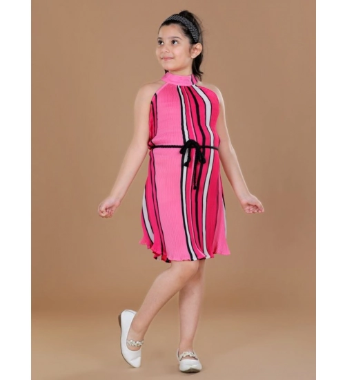 Generic Girl's Polyester Crepe Printed Sleeveless Round Neck Dress (Pink)