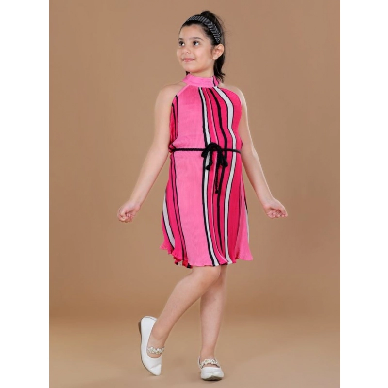 Girl's Polyester Crepe Printed Sleeveless Round Neck Dress (Pink)